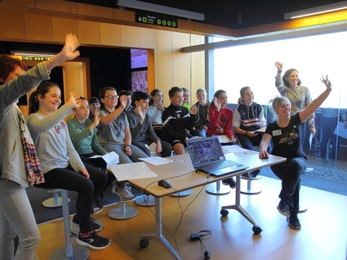 Children from local schools near Urdaibai Bird Centre on a Skype call to Empingham Primary School.