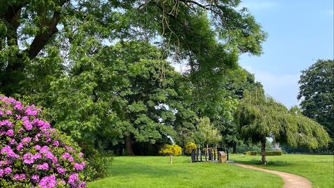 A path runsa through a park with trees and flowers on the left of the path. 