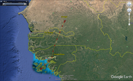 Google Maps of S1(15)'s start of migration over Senegal