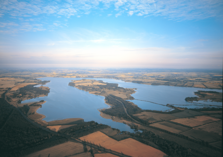 An aerial view of Rutland Water, looking east.