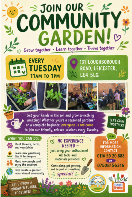 Belgrave Neighbourhood Co-operative Housing Association Community Garden poster. Join every Tuesday 11 am to 1 pm for a gardening session.