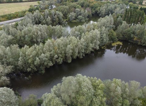 An aerial photo of two lakes surrounded by trees.
